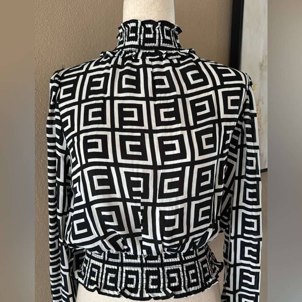 Geometric Black and White Ruffle Top